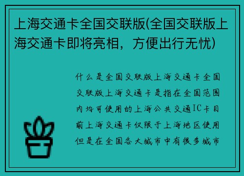 上海交通卡全国交联版(全国交联版上海交通卡即将亮相，方便出行无忧)